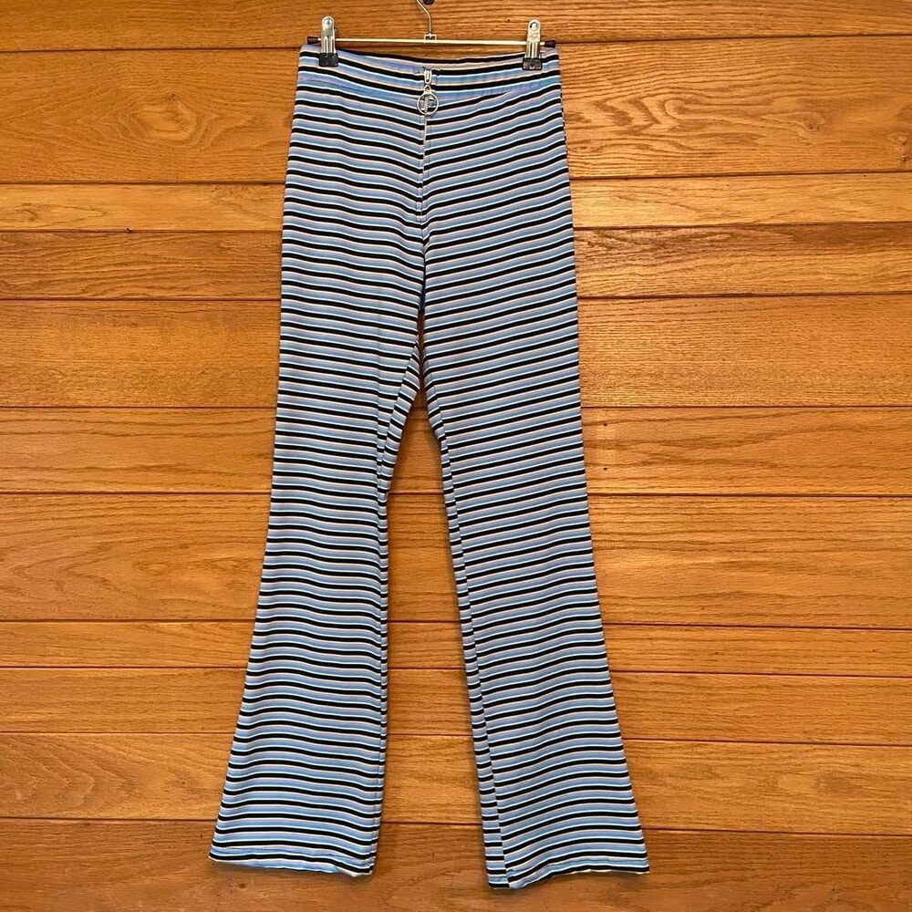 Vintage 1990s In Charge purple green striped bell bottom flare zip front pants